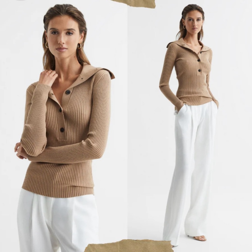 Reiss Maia rib polo sweater in camel